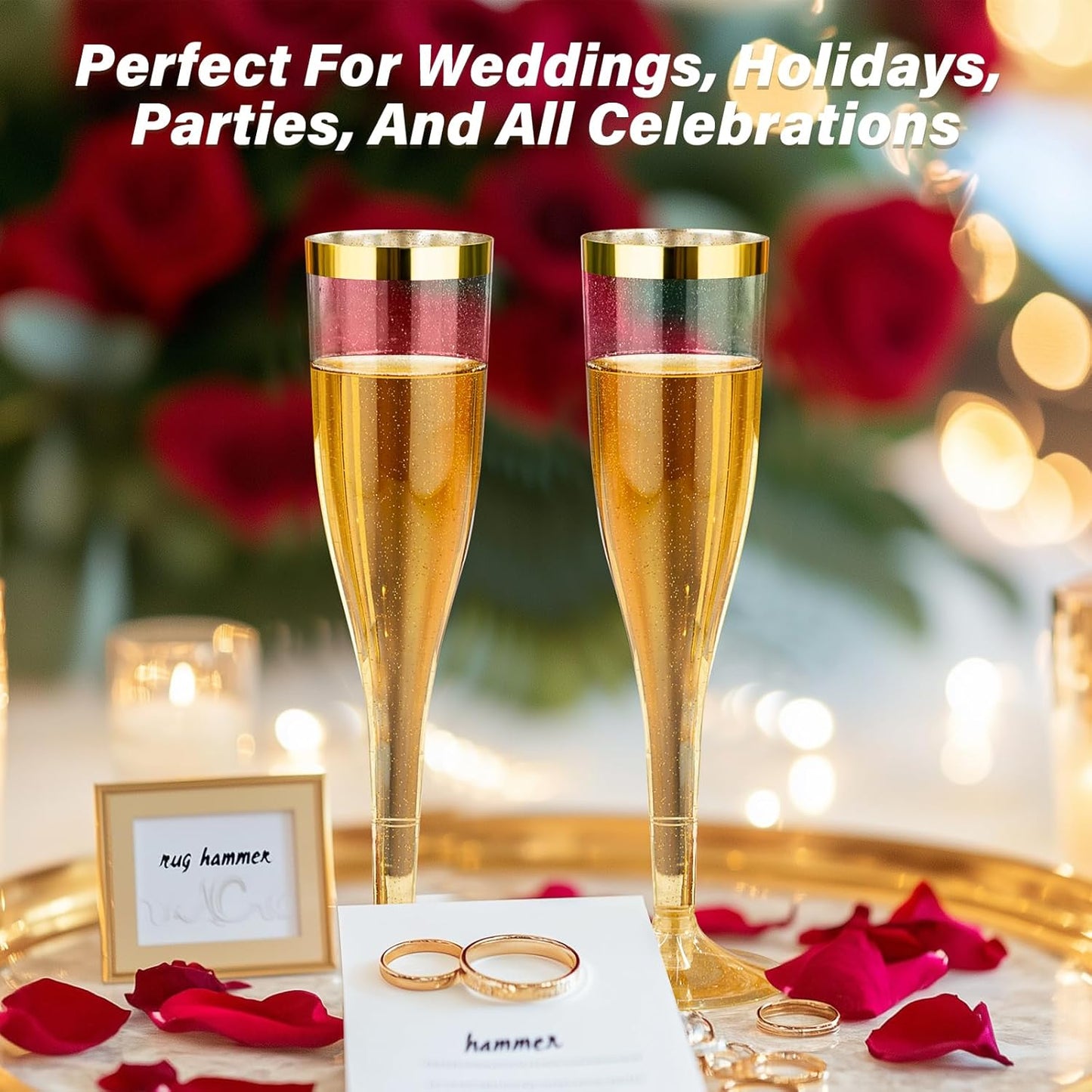Goodluck 48 Pack 6.5 oz Plastic Gold Glitter Champagne Flutes with Gold Rim, Disposable Champagne Toasting Glasses for Wedding, Engagement, Party, Mimosa Bar