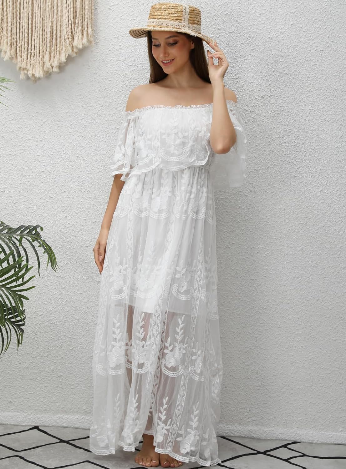 HOYISHION Women's Off The Shoulder Floral Lace Maxi Dress White Bridesmaid Wedding Party Maternity Photoshoot Long Dresses