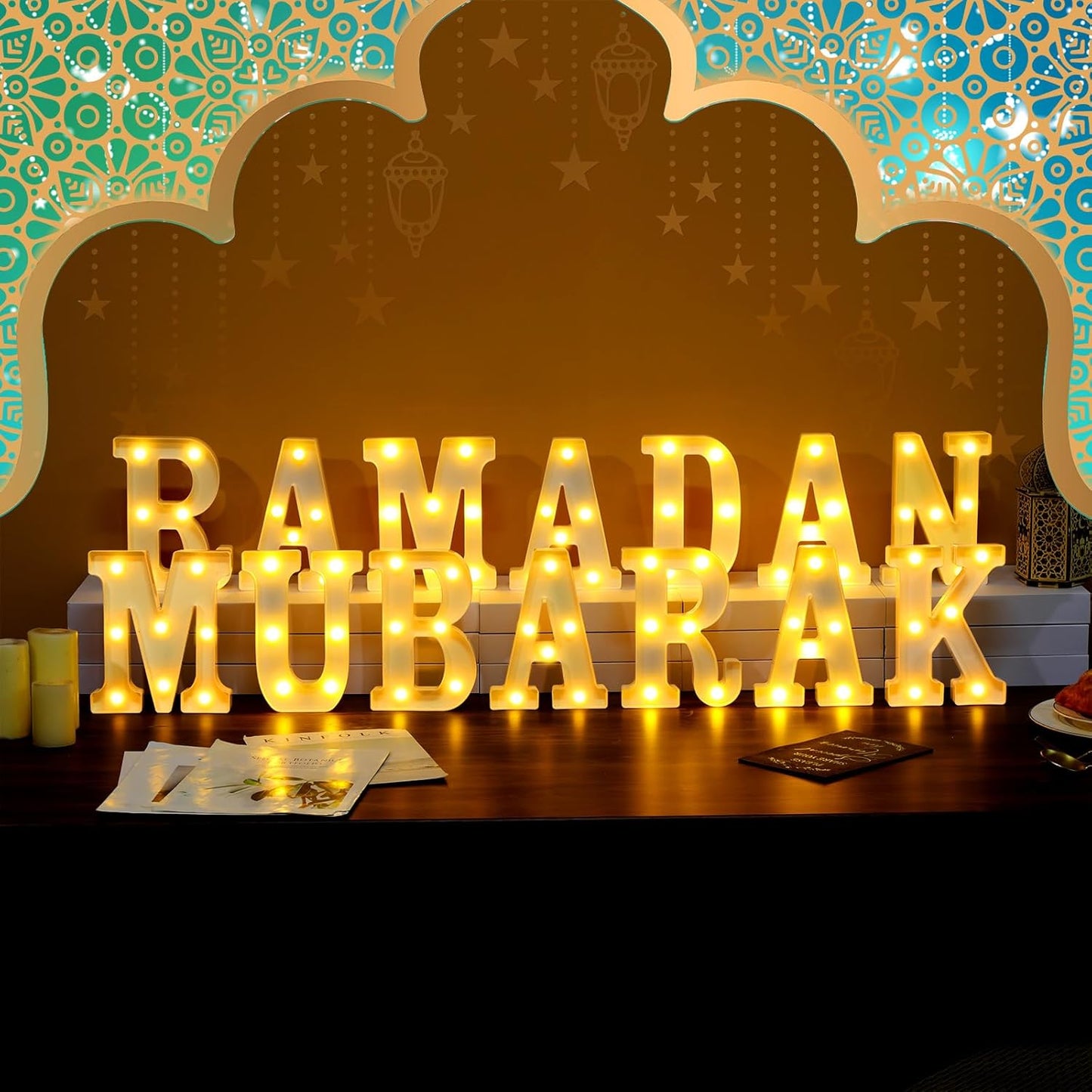 Sukkot Large LED Letter Sign LED Lights Battery Powered Table Decoration for Party Gift Tabletop Decoration(Ramadan Mubarak)