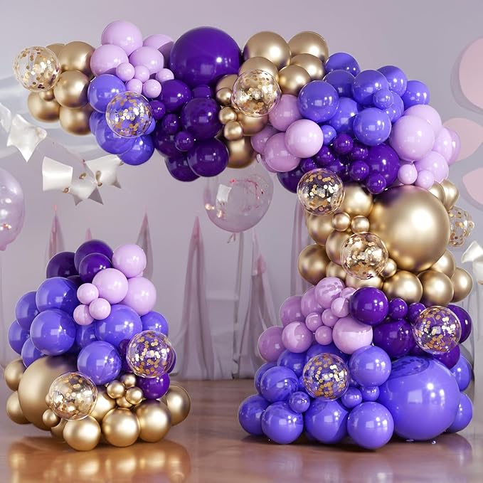 Purple and Gold Balloon Garland Arch Kit for 164pcs Different Sizes Balloons 5 10 12 18inch with Gold Confetti Balloons for Baby Shower Wedding Engagements Anniversary Birthday Party Decorations
