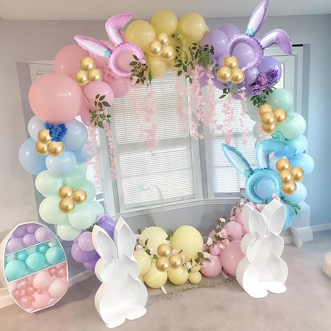 155pcs Easter Balloon Arch, Pastel Rainbow Balloon Garland with Bunny Ears Foil Balloons, Pink Purple Yellow Green Blue White Gold Confetti Balloons for Easter Spring Baby Shower Birthday Decorations
