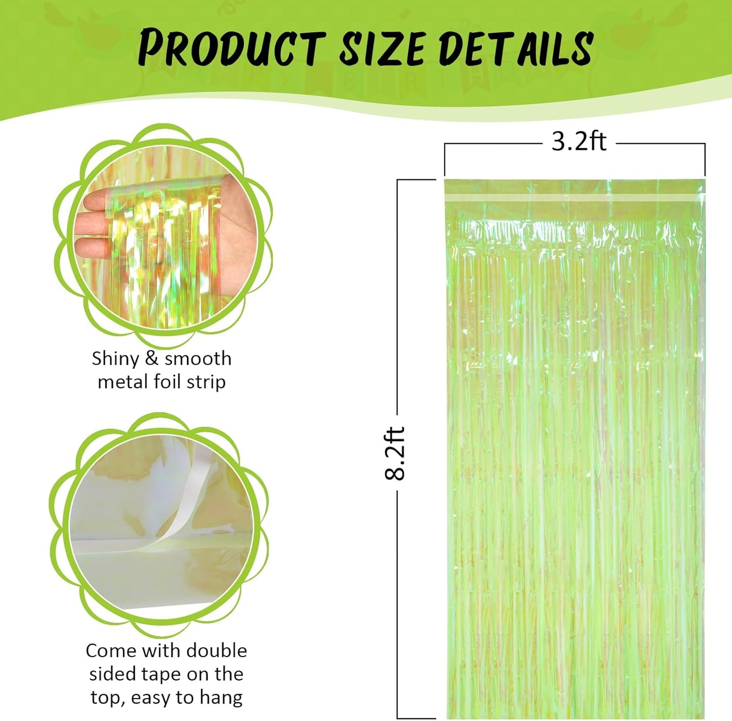 Accevo 3Pack Neon Green Party Streamers 3.2x8.2 Feet Metallic Foil Fringe Curtains Tinsel Streamers Party Decor Door Streamers Photo Booth for Christmas New Year St. Patrick's Day Party Decorations