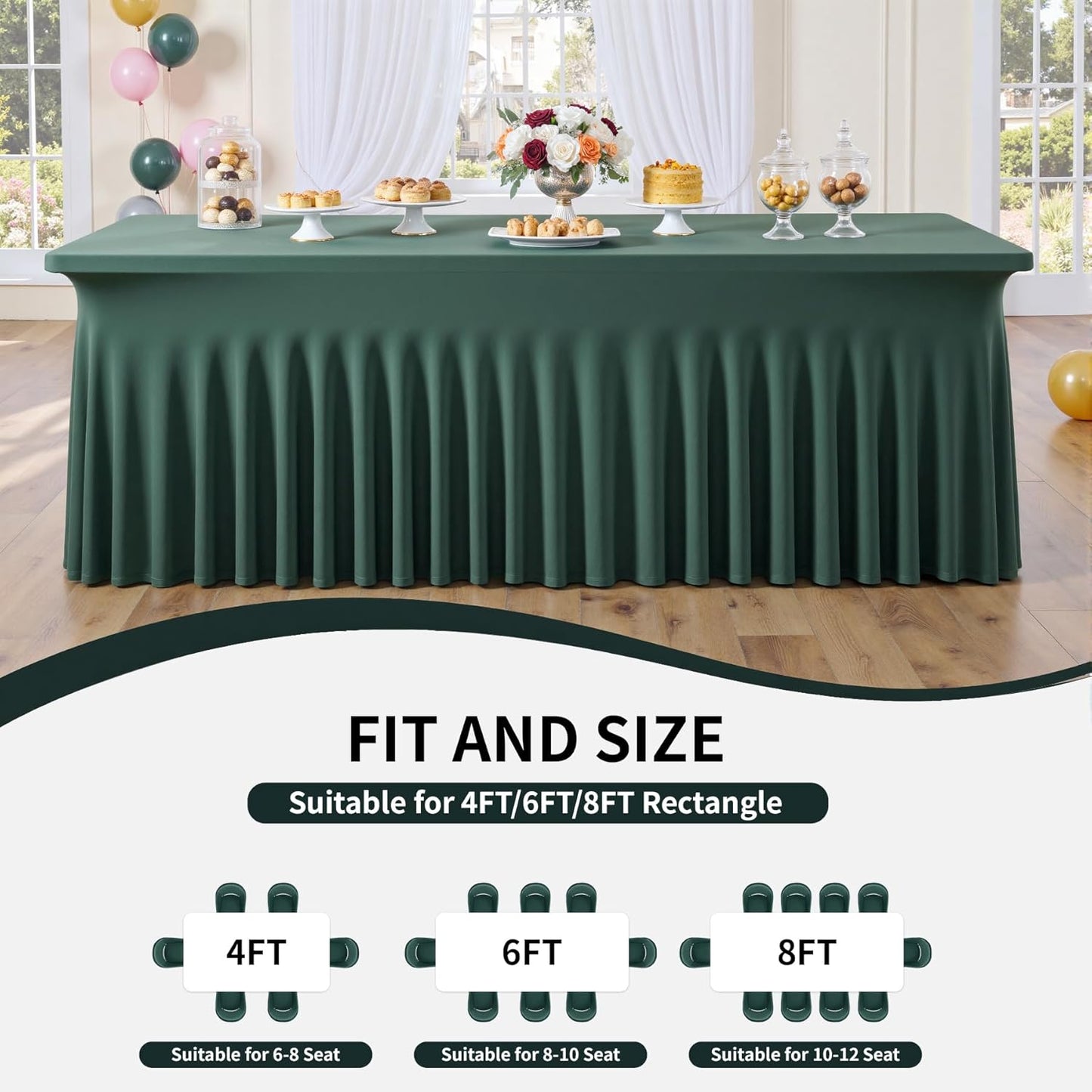Outpain 6ft Spandex Table Cloth for Standard Folding Tables-4Pack Hunter Green Table Cloth Table Protector for Party, Wedding, Cocktail, Banquet, Festival