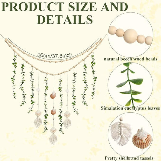 Hanging Eucalyptus Boho Wall Decor Large Boho Bedroom Wall Hanging Wooden Bead Garland Artificial Eucalyptus Natural Greenery Decoration, 36 x 36 Inch (Simple Color, Shell Style)