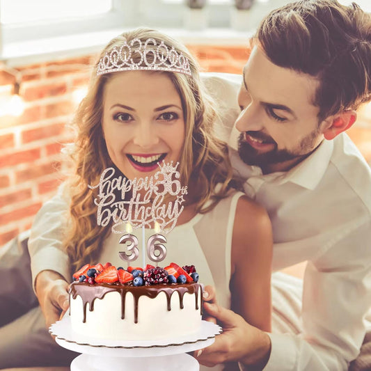 36th Birthday Decorations for Women Including Birthday Sash, Tiara/Crown, Numeral Candles and Cake Topper, Gifts for 36 Year Old Woman, Rosegold Party Decor and Supplies