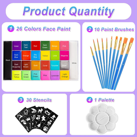 26 Colors Face & Body Paint Palette Kit,Halloween Makeup Kit, face painting kit professional,with 10 Brushes+30 pcs Stickers,Ideal for Halloween Cosplay Party SFX Arty Stage Makeup(26-Colors)