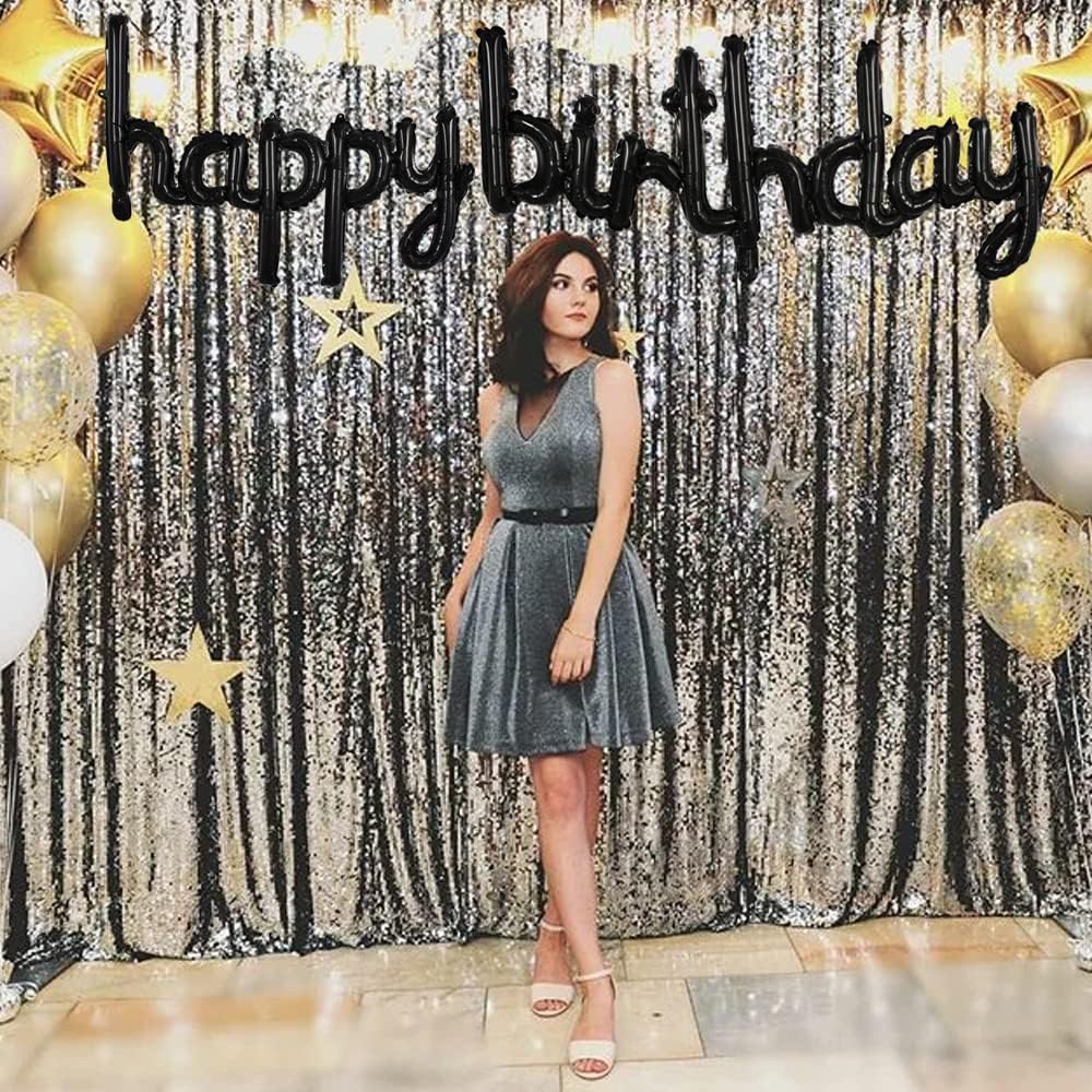 TONIFUL Black Happy Birthday Balloons Banner, 16 Inch Mylar Foil Script/Cursive Letters Birthday Sign Banner Balloon Reusable Material for Girls Boys Kids & Adults Birthday Decorations