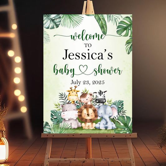 Custom Name Baby Shower Sign, Rustic Welcome Sign, Safari Animals, Gender Neutral, 12x18 inches, Plastic
