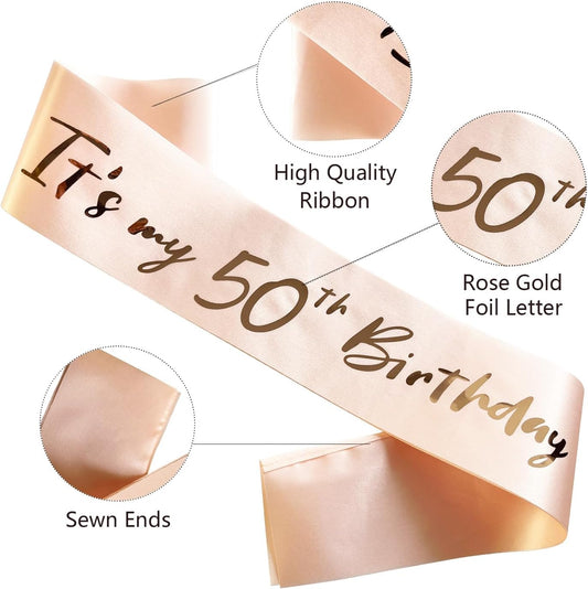 50th Birthday Sash for Women, Rose Gold Satin Sash with Foil Letter It's My 50th Birthday Sash Decorations Gifts for Women Happy 50th Birthday Party Favor Supplies