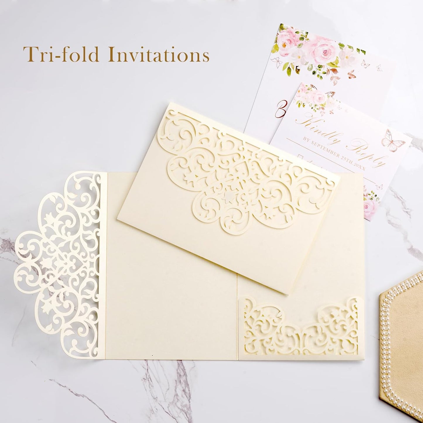 50Pcs Ivory Wedding Invitation Kits with Envelopes and RSVP Cards Laser Cut 5×7 Tri-Fold Personalized Birthday Invitations for Wedding Quinceanera Party Bridal Shower Engagement