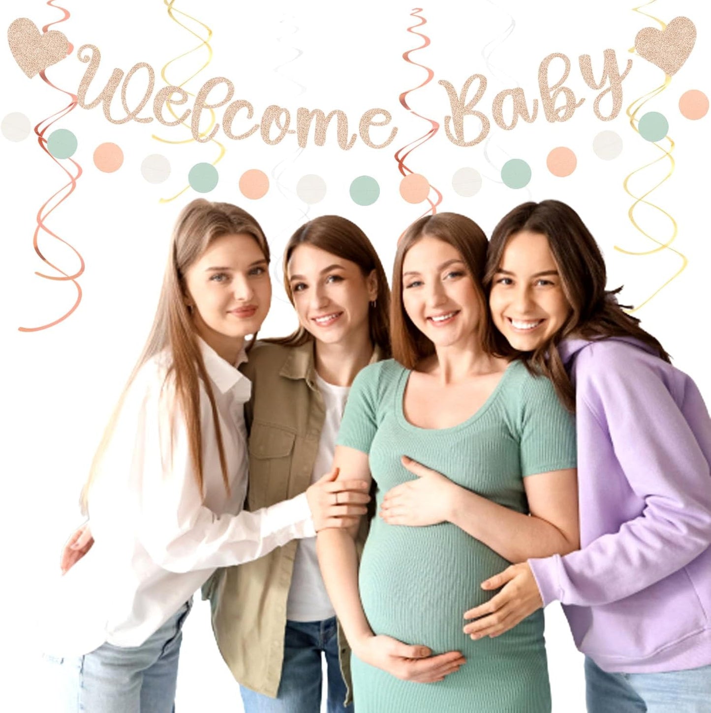 Sage-Green Pink-Beige Baby-Shower Party-Decorations - 36pcs Welcome Home Banner Sign,Girl Paper Lanterns,Neutral Streamers Garland,Boho Tissue Pom Poms Flowers Fans Backdrop Decor Burgleda