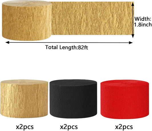 We Moment Black and Red Gold Crepe Paper Streamers Party Streamer 1.8 Inch Widening 6 Rolls,Red and Gold Black Party Decorations Streamer 82 feet per roll for Birthday Graduate Party Decorations