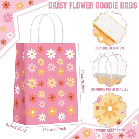 Glenmal 24 Pcs Spring Daisy Gift Bags Bulk Boho Party Favors, Spring Daisy Flower Goodie Bag with Handles for Wedding Birthday Party Decorations Supplies, 6 Styles