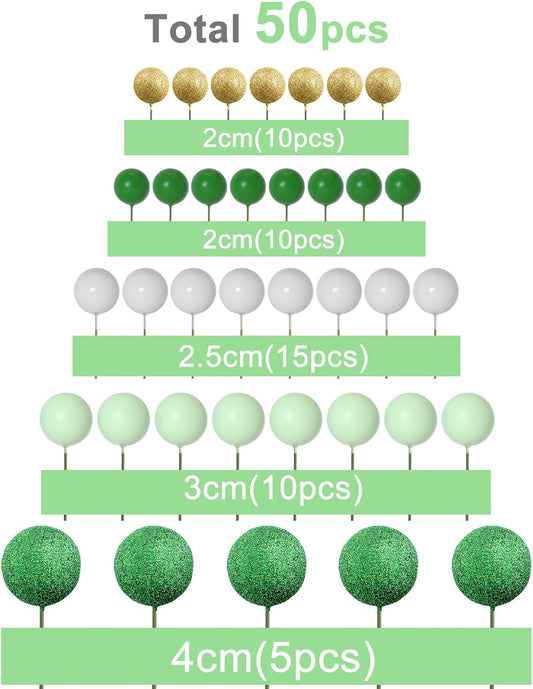 ASTARON 50 Pcs Ball Cake Topper Sticks Mini Balloons for St Patrick's Cake Decorating Supplies Foam Balls Cake decorations for Christmas Baby Shower Birthday Cake Decorations (Green Series)