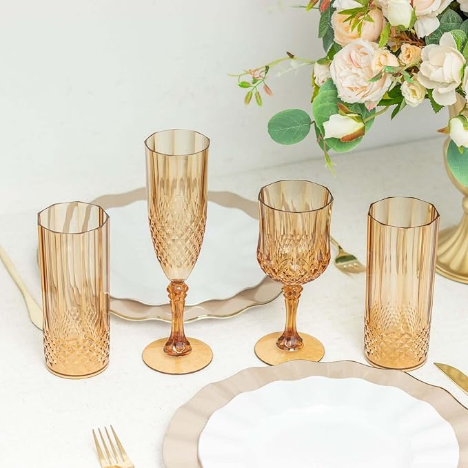Efavormart 6-Pack Champagne Glasses, 8oz Shatterproof Plastic Crystal Cut Toast Flutes, Amber Gold for Party Celebration Wedding