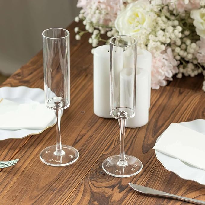 Efavormart 6 Pack | 6oz Clear Sleek Reusable Plastic Champagne Flute Glasses, Cylindrical Wine Mimosa Glass Goblet