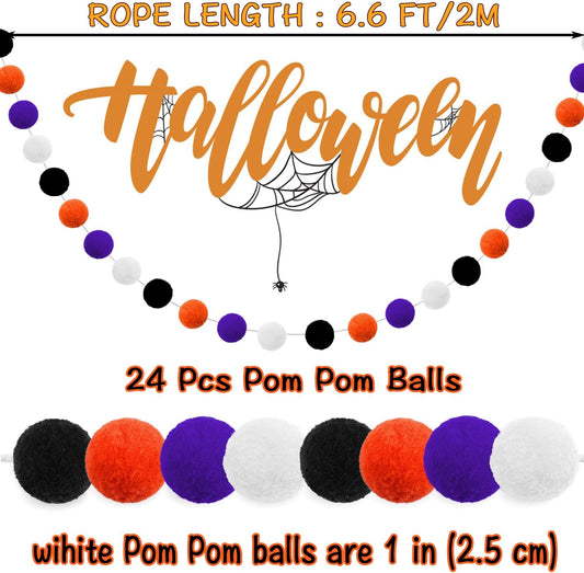 Halloween Pom Pom Garland Halloween Decorations 3pk Orange Purple Black White Felt Ball Garland Cute Hanging Decor for Room Home Office Classroom Wall, Fall Wedding Birthday Party Decorations Supplies