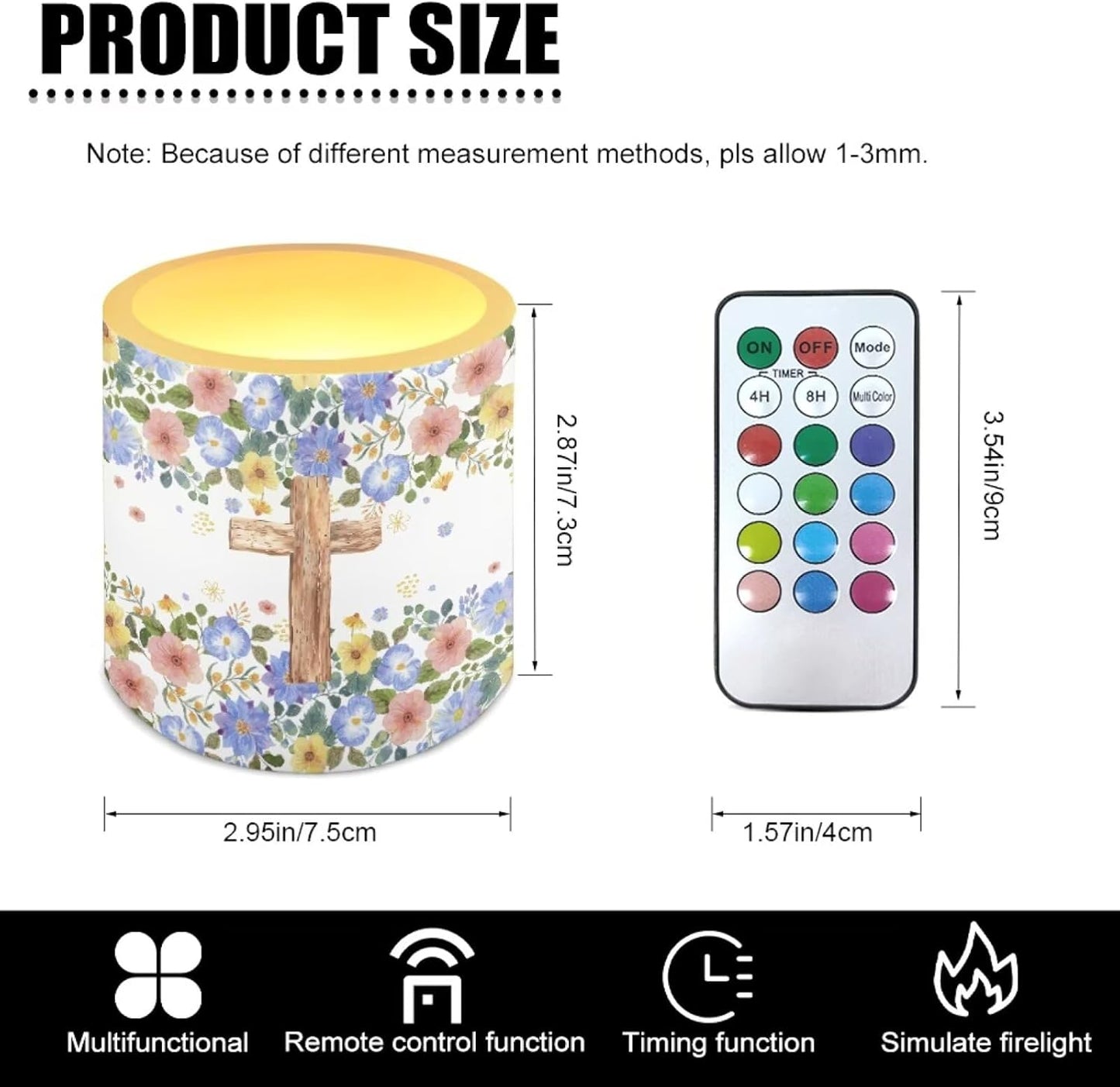 Poceacles Remote Control LED Candles Set of 4 Battery Powered Flameless Candles with Multi-Color Lighting Options, 12 Colors Changing, Timer Function, for Indoor Outdoor Decor, Floral Cross