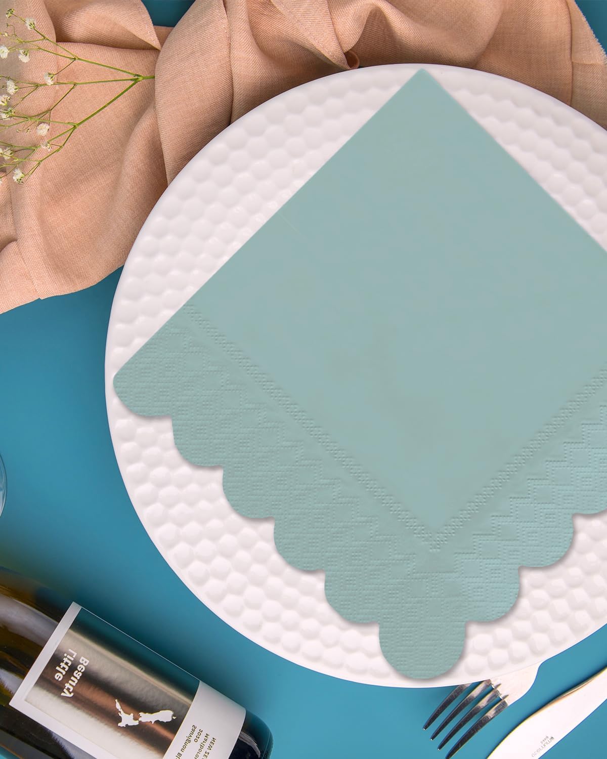 qiqee Still Blue Cocktail Dinner Napkins 5x5inch Disposable Beverage,Wedding, Birthday Party Dessert Wave Paper Napkins(120 Count)