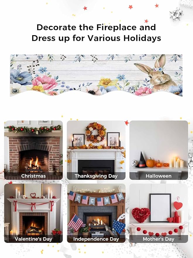 Bunny Easter Fireplace Mantel Scarf Table Runner,Spring Floral Blue Eucalyptus Leaves Wooden Winter Garland Mantel Top Tablerunners Dresser Scarves Cover for Windows Party Living Room 70"x17"