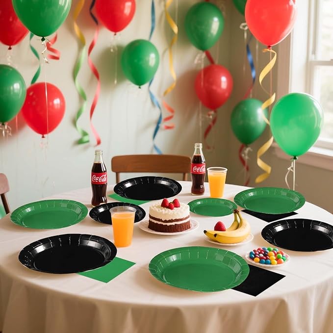 Grencian 96 Pcs Green and Black Birthday Decorations Solid Color Party Plates and Napkins Disposable Heavy Duty Green and Black Tableware Set for Holiday Birthday Baby Shower Party Decorations