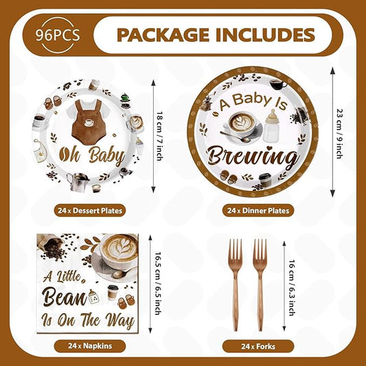 Grencian Coffee Baby Shower Decorations - 96Pcs A Baby Is Brewing Baby Shower Plates and Napkins Gender Reveal Disposable Tableware Set for Boys Girls Coffee Themed Party Decorations Serve 24