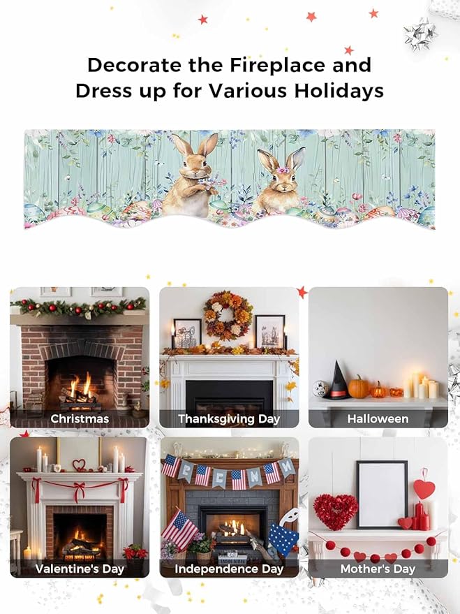 Bunny Easter Fireplace Mantel Scarf Table Runner,Eucalyptus Leaves Floral Eggs Weeping Wooden Winter Garland Mantel Top Tablerunners Dresser Scarves Cover for Windows Party Living Room 70"x17"