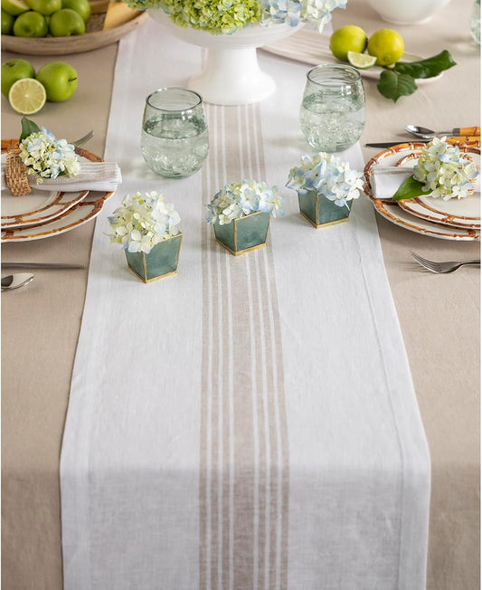 Solino Home Linen Table Runner 120 Inches Long - 100% Pure Linen Natural and White Farmhouse Table Runner 14 x 120 Inch for Dining, Fall, Autumn, Thanksgiving, Christmas