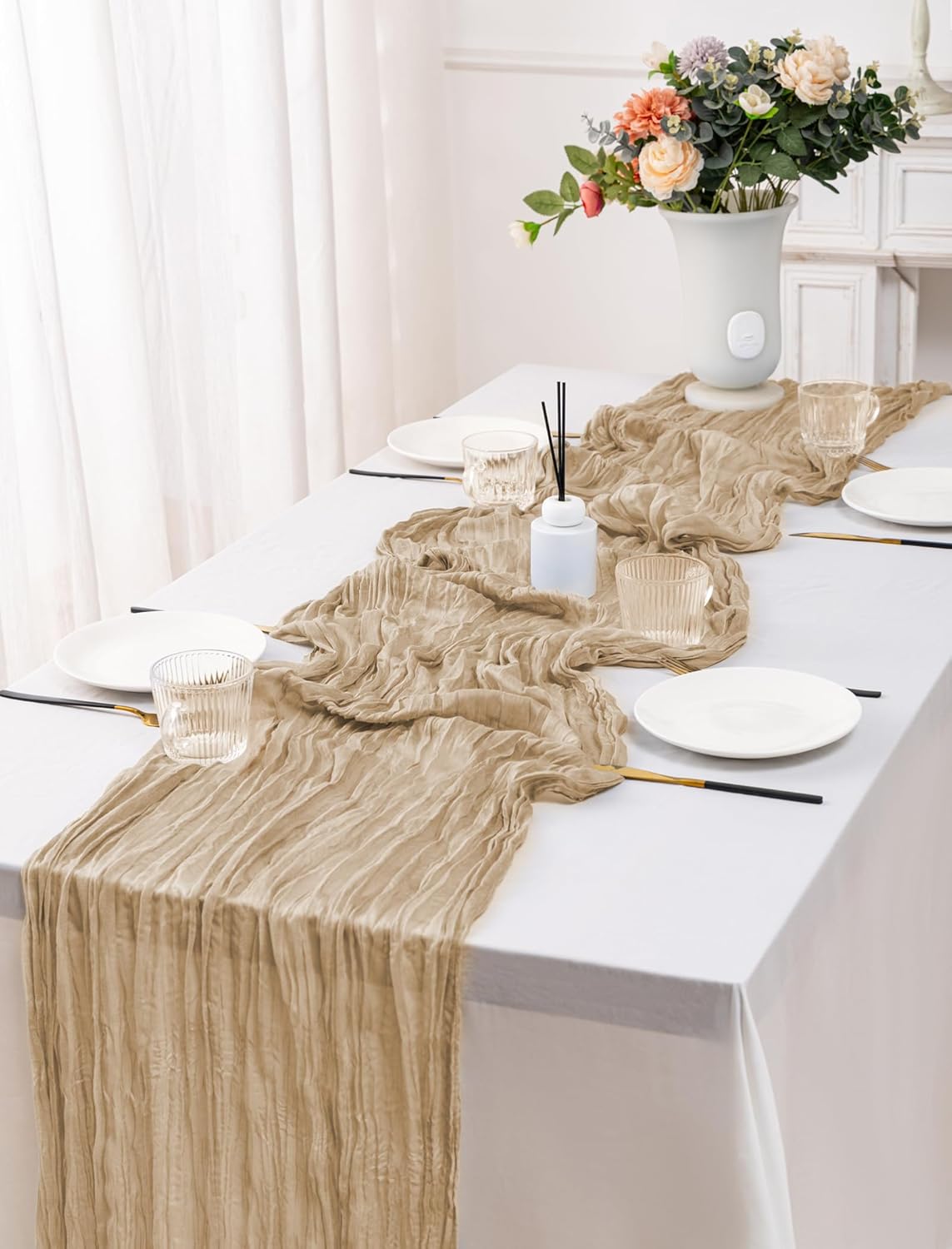 12 Pack Beige Table Runner 10FT Cheesecloth Table Runner 21 x 120 inch Boho Gauze Cheese Cloth Table Runner Rustic Sheer Table Runner for Party Wedding Bridal Baby Shower Birthday Table Decor