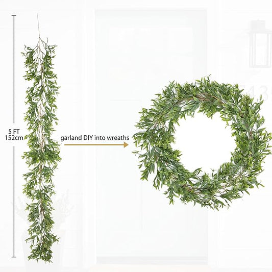 Briful 5ft Long Artificial Boxwood Garland, Realistic Greenery Garland for Door Mantle, Eucalyptus Garlands for Farmhouse Home Centerpiece Table Decor