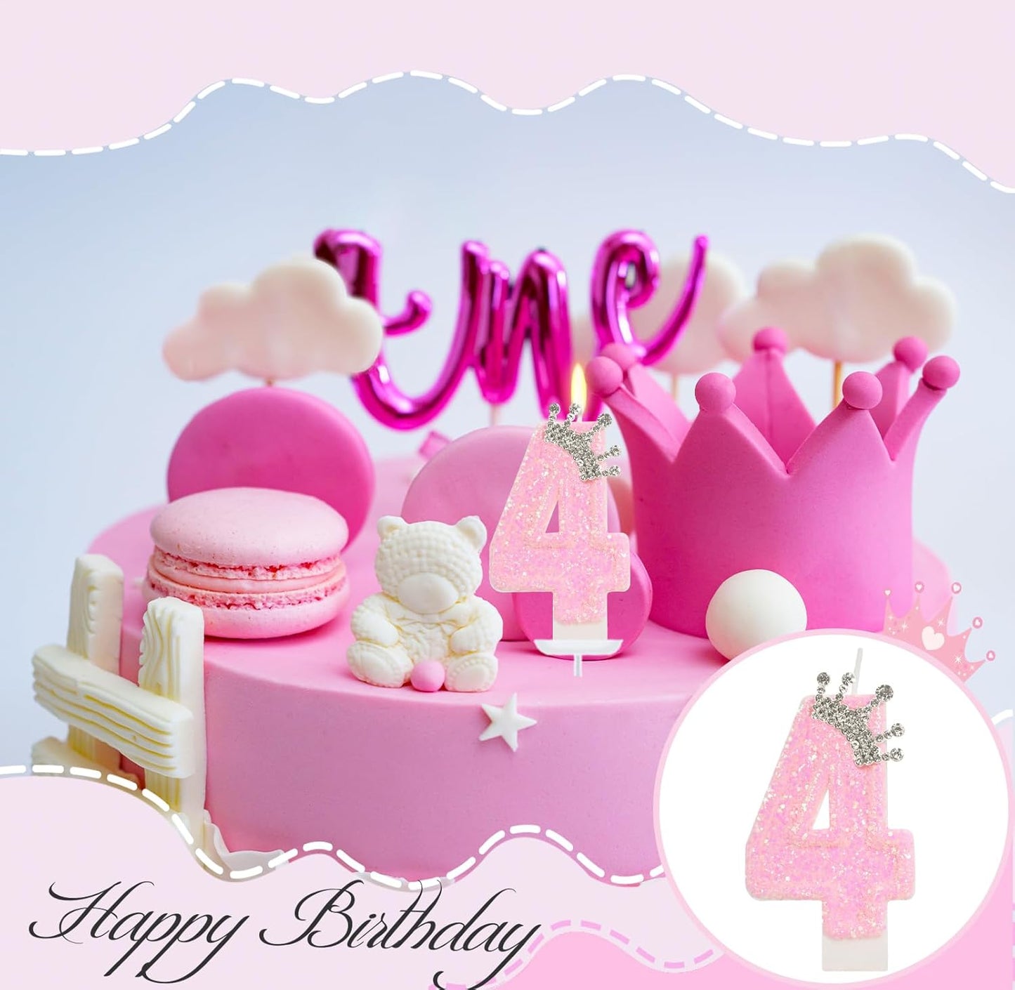 Birthday Candle for Cake, Crown Pink Number Candles, 2.76 inch Cake Topper Decoration for Birthday Party (Number 4)
