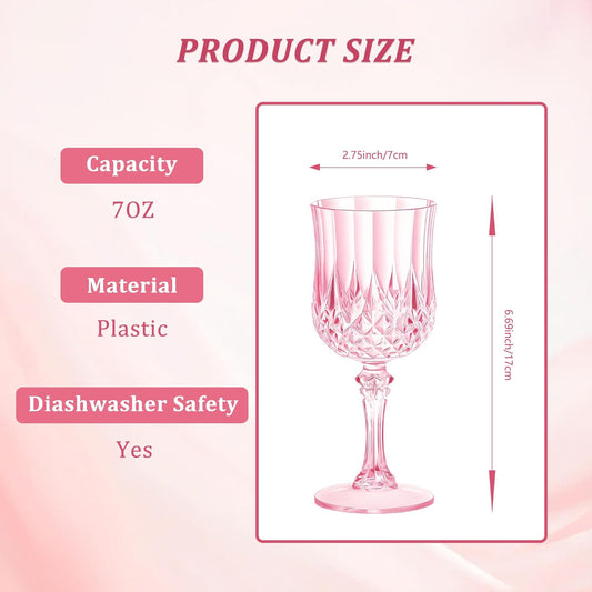 24PCS 7OZ Pink Wine Plastic Glasses, Drinking Champagne Glasses Flutes Crystal Vintage Water Unbreakable Goblets for Wedding, Parties