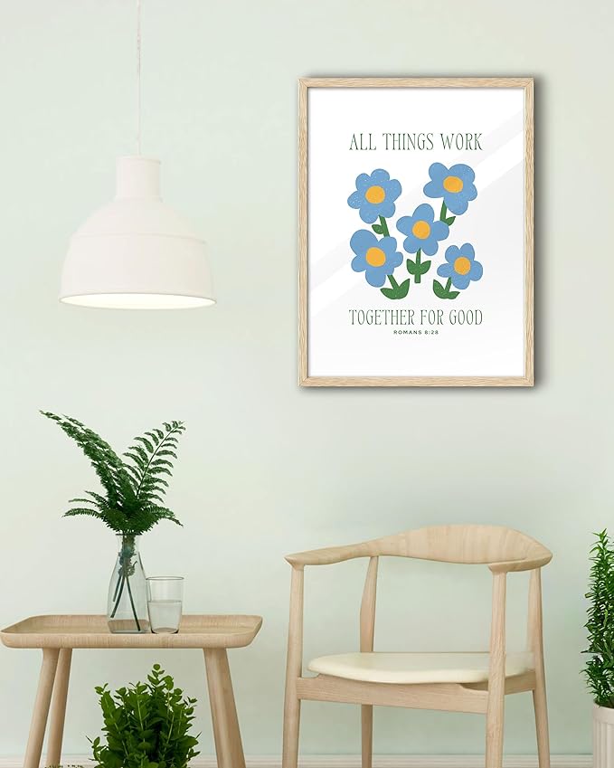 EcoHest OAK Wood God Framed Wall Art, 12x16in Romans 8:28 All Things Work Bible Verse Christian Wall Art, Modern Blue Flower Bedroom Decor For Living Room Bathroom Christian Merch Gift 1Pack