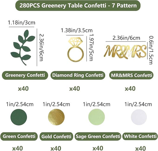 280PCS Greenery Bridal Shower Table Confetti Decorations, Sage Green MR&MRS Diamond Ring Confetti Decor for Wedding Engagement Bachelorette Bride to Be Party