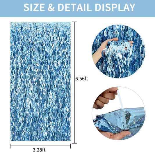 TONIFUL 3Pcs Wavy Metallic Tinsel Foil Fringe Curtains Light Blue Streamer Backdrop for Photo Booth Props,Party Door Wall Curtains,Bachelorette,Underwater World Birthday Party Decor (9.9ft x 6.6ft)
