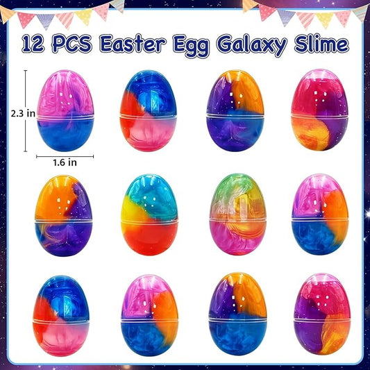 12 Pack Prefilled Easter Galaxy Slime Eggs,Galaxy Slime Easter Egg Fillers Stress Relief Easter Egg Hunt Filling Treats Classroom for Kid Teens Boy Girl Easter Basket Stuffers Easter Party Favor