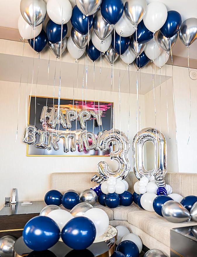 Navy Blue and Silver Balloons,12 Inch 60pcs Navy Blue Balloons with Silver Confetti Balloon,Pearl White Latex Balloon for Graduation,Birthday,Baby Shower,Anniversary,Wedding,Party
