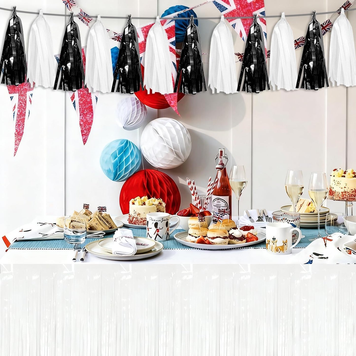 3P Black White Tassel Banner Garland Metallic Foil Fringe Banner Tinsel Tassels Streamer Banner Backdrop for Parade Floats Graduation, Halloween, Christmas, Father's Day Party Decorations