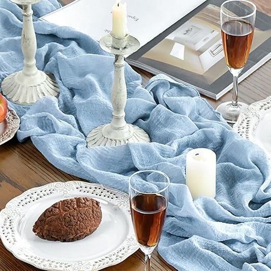 Artoid Mode Boho Ice Blue Gauze 3 Pieces Wedding Table Runner, 120 Inch Seasonal Fabric Kitchen Dining Holiday Table Decor for Home Party Indoor