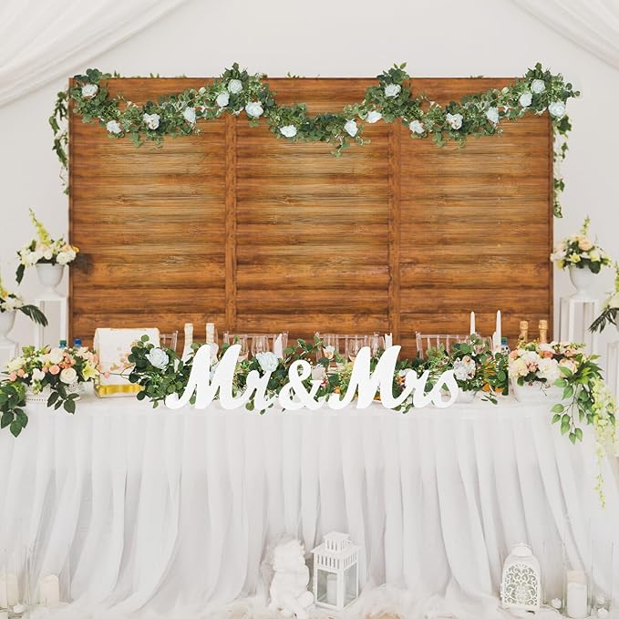 2pcs Large White Mr & Mrs Sign for Wedding Table with 5.91ft Artificial Flowers Garland, Wedding Centerpieces Wooden Bride and Groom Table Decorations for Engagement Decor(White Rose)