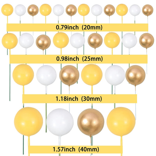 Gyufise 30Pcs Balls Cake Topper Mini Balloons Cupcake Topper DIY Cake Insert Topper Foam Cake Balls Baking Decoration for Wedding Anniversary Valentines Day Birthday Party Yellow Gold White