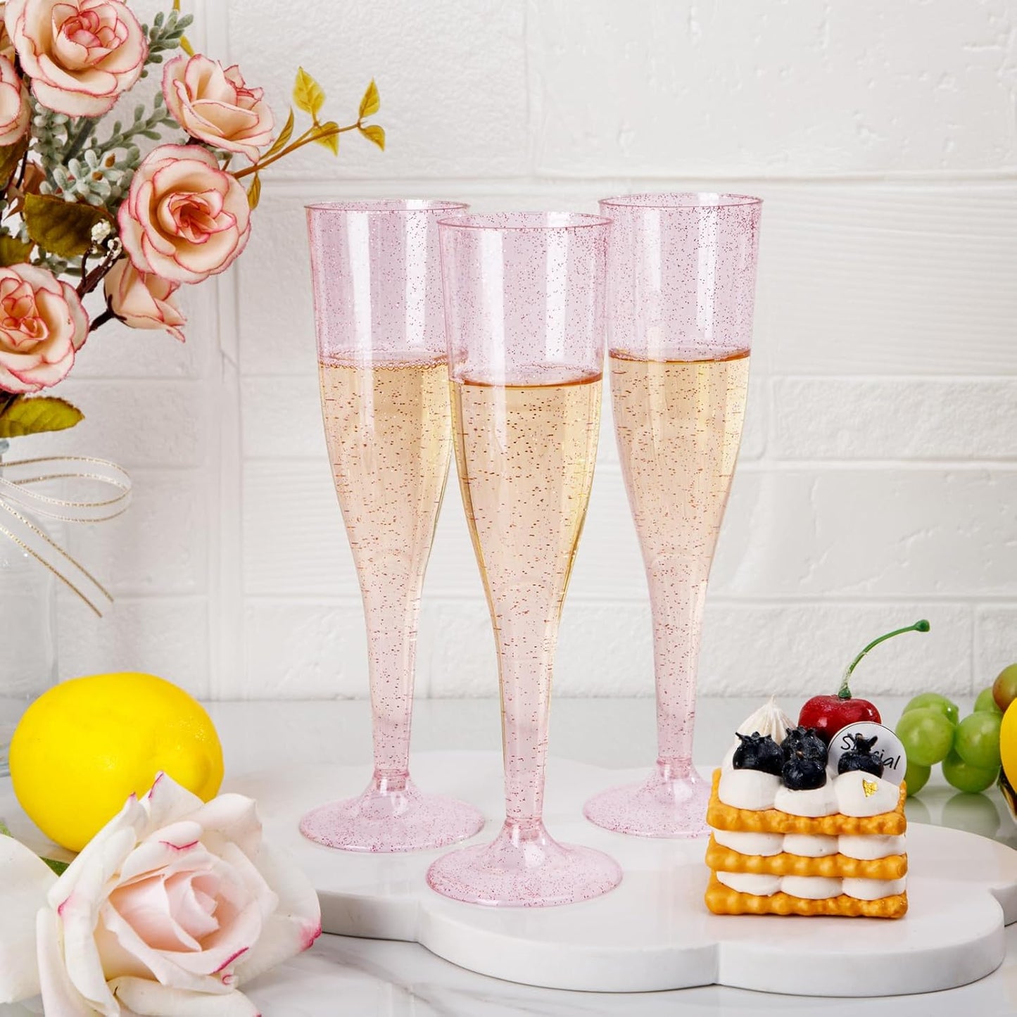 WDF 36 Pack Pink Glitter Plastic Champagne Flutes - 7OZ Disposable Pink Glasses Glitter Champagne Flutes Plastic for Party & Wedding