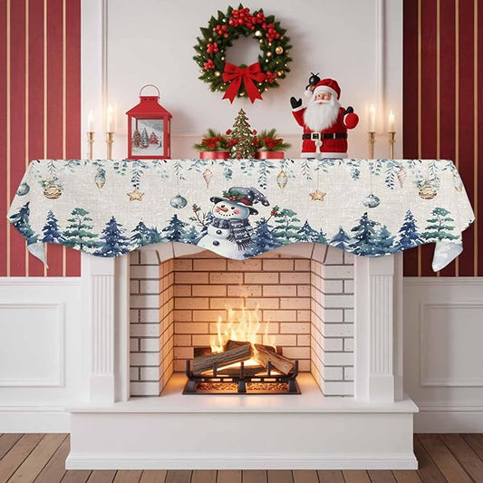 Blue Snowman Christmas Fireplace Mantel Scarf Table Runner, Xmas Snowflake Eucalyptus Leaves Rustic Winter Garland Mantel Top Tablerunners Dresser Scarves Cover for Windows Party Living Room 60''x17''