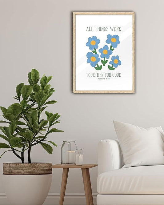 EcoHest OAK Wood God Framed Wall Art, 12x16in Romans 8:28 All Things Work Bible Verse Christian Wall Art, Modern Blue Flower Bedroom Decor For Living Room Bathroom Christian Merch Gift 1Pack