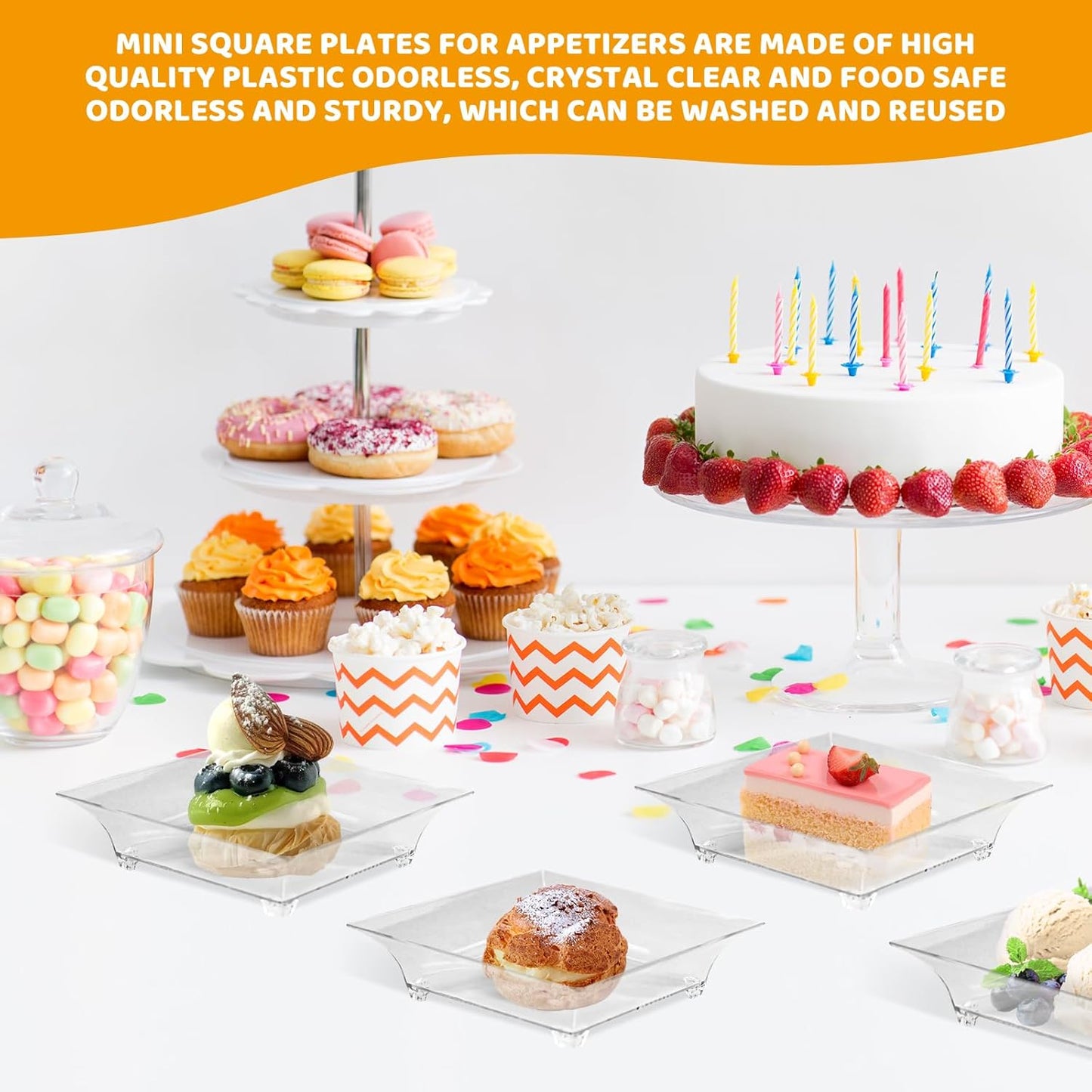 100 Pack 1 oz mini Square Dessert Plates for Appetizers,Mini Plastic Plates with Spoons,Reusable Square Small Party Serving Bowls for Trifle, Cheesecake, Ice cream
