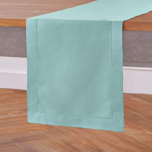 Solino Home Cotton Linen Table Runner 90 Inches Long - Hemstitch Pastel Turquoise Dining Table Runner 14 x 90 Inch