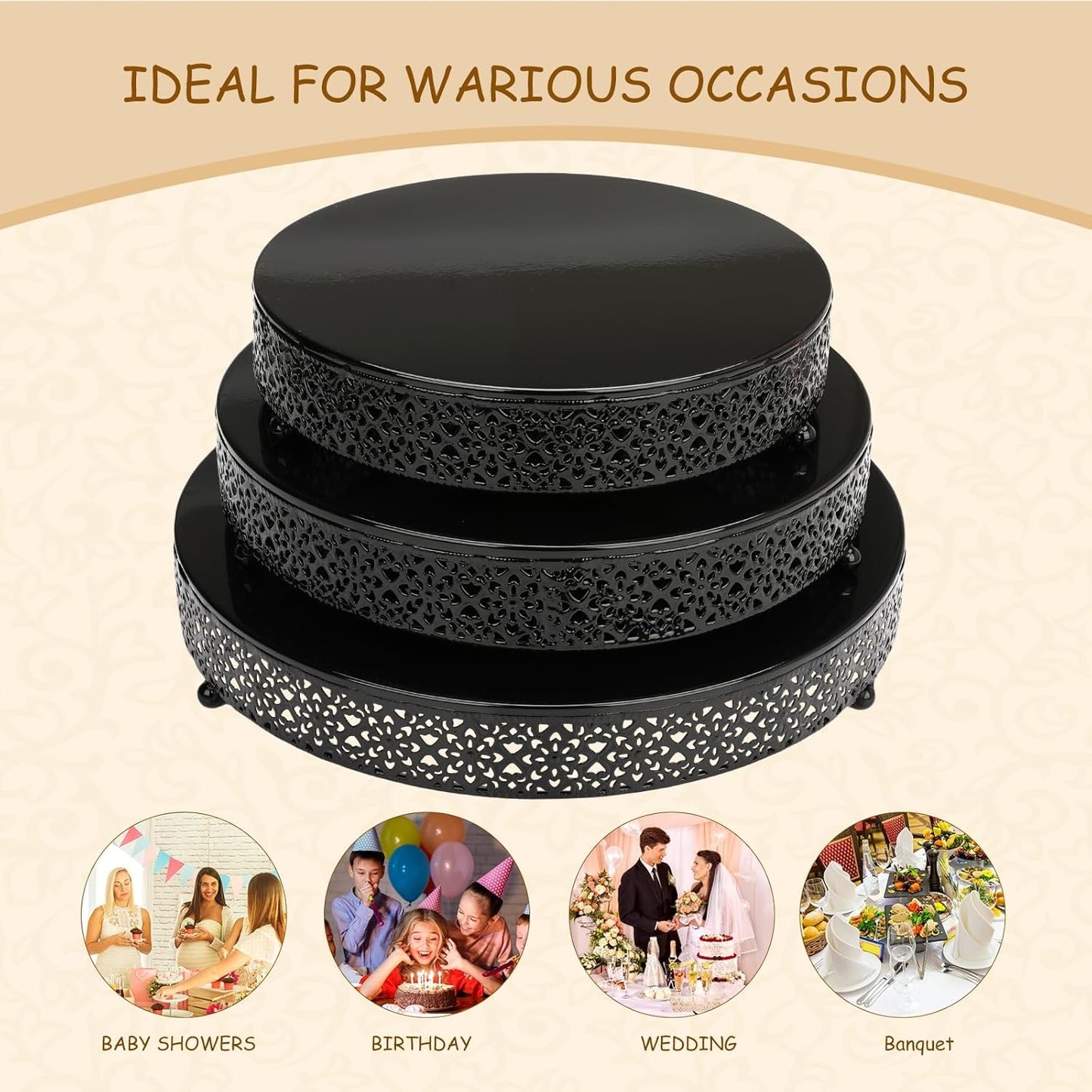 3 Piece Cake Stands Set 16'' 14'' 12'' Round Metal Cake Stands Cupcake Stand Riser Pastry Candy Display Plate for Dessert Table Wedding Event Birthday Anniversary Party (Black)