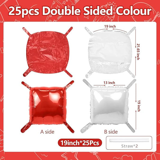 NISOCY 25PCS Red White Square Foil Balloons Wall Double Backdrop Sided Red Pearl White Balloon Tunnel Arch Kit for Christmas Birthday Valentine's Day Baby Shower Wedding Party Decorations