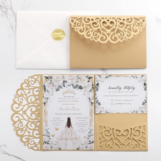 50PCS Gold Wedding Invitation, Bridal Shower Invitations Blank Personalized Wedding Rsvp Cards with Envelopes and Sticker, Pearl Paper Inserts Laser Cut Pocket for Festival Anniversary Housewarming