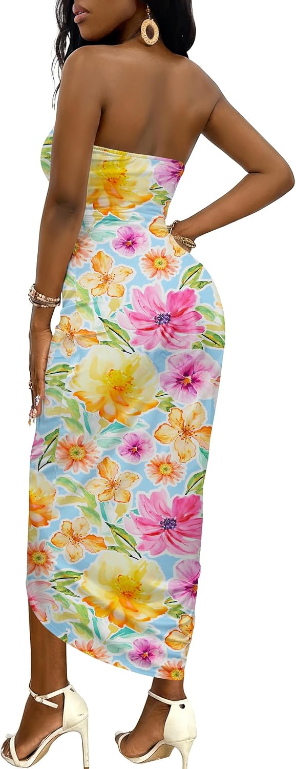 Umenlele Women's Strapless Ruched High Waist Wrap Split Asymmetrical Beach Maxi Long Dress